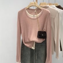 suseyiku 粉色圆领肌理感洋气撞色假两件毛织衫2023上新秋装女装