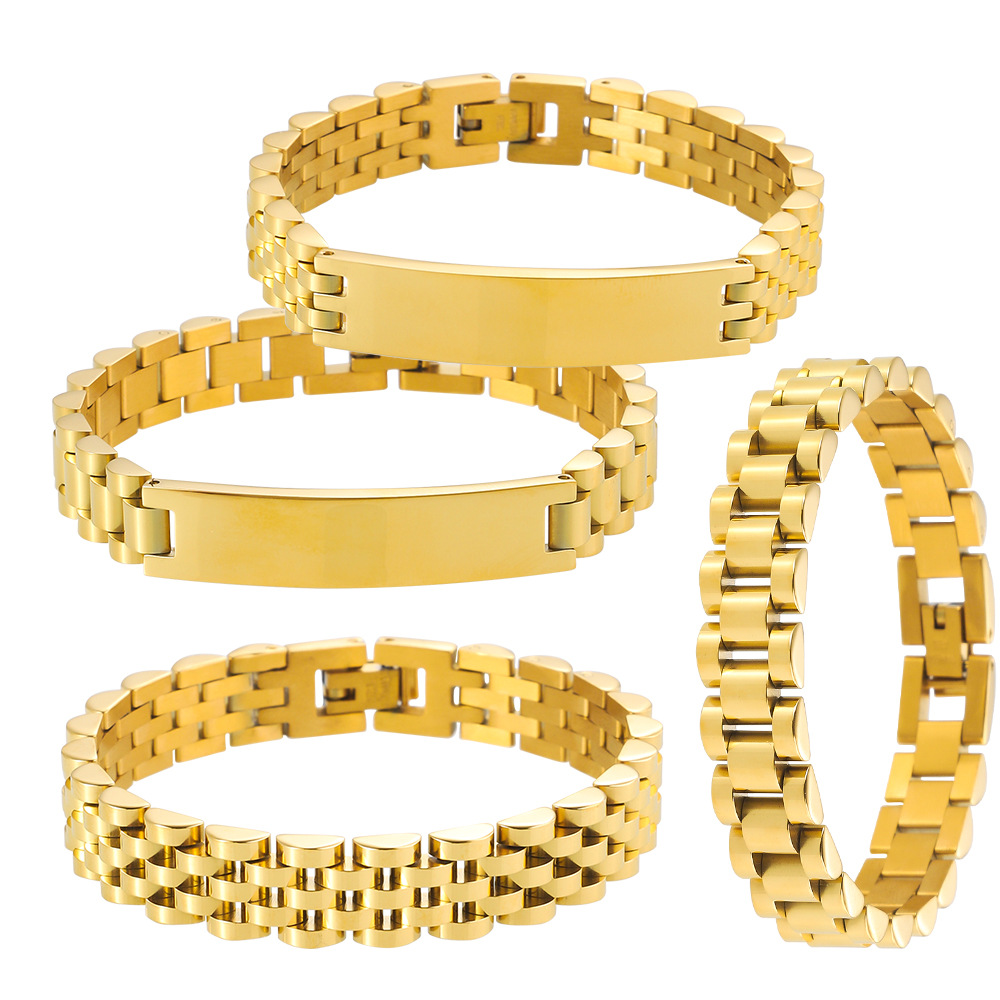 霸气男士宽版表式钛钢手链镀18K金配饰欧美个性镜面弯牌手环批发