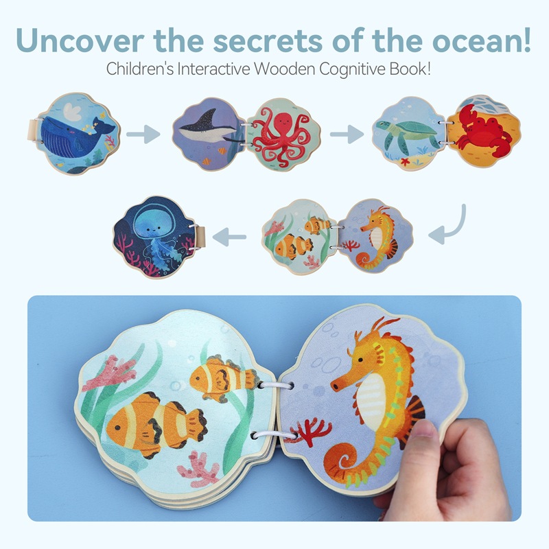 Libro de madera de enseñanza Montessori transfronterizo, juguetes educativos de educación temprana para bebés, tarjeta de reconocimiento de animales marinos, libro de madera