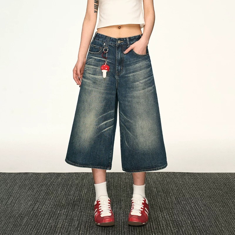 American Retro Washed Vintage Denim Shorts with Creases, Unisex Summer Loose Versatile Three-Quarter Straight Wide-Leg Mid-Length Pants