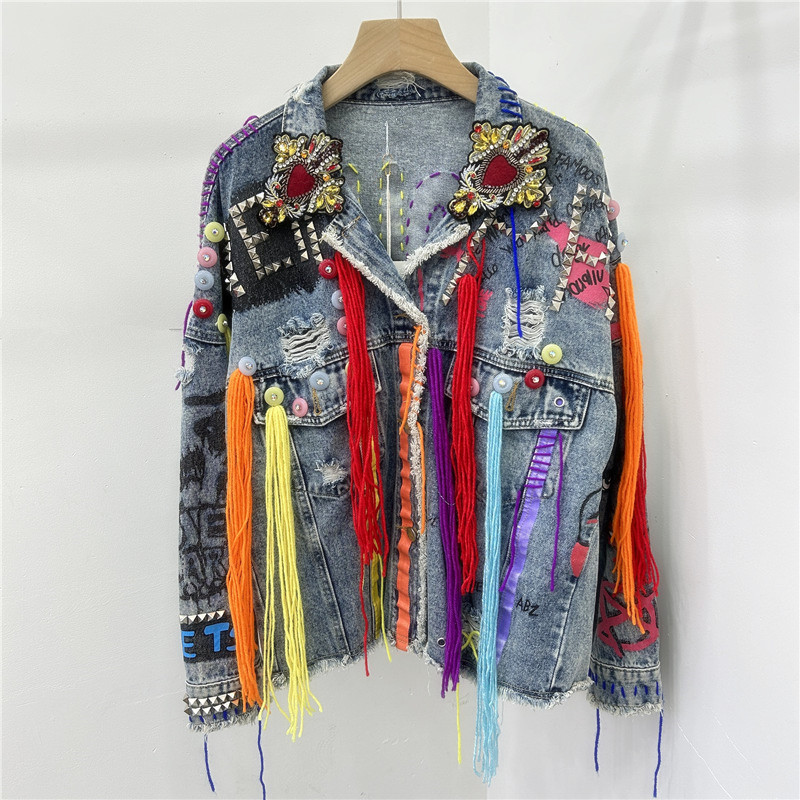 Estación europea 2024 nueva personalidad de bordas pintadas a mano denim chaqueta corta graffiti de la industria pesada de la mujer chaqueta corta con diamantes