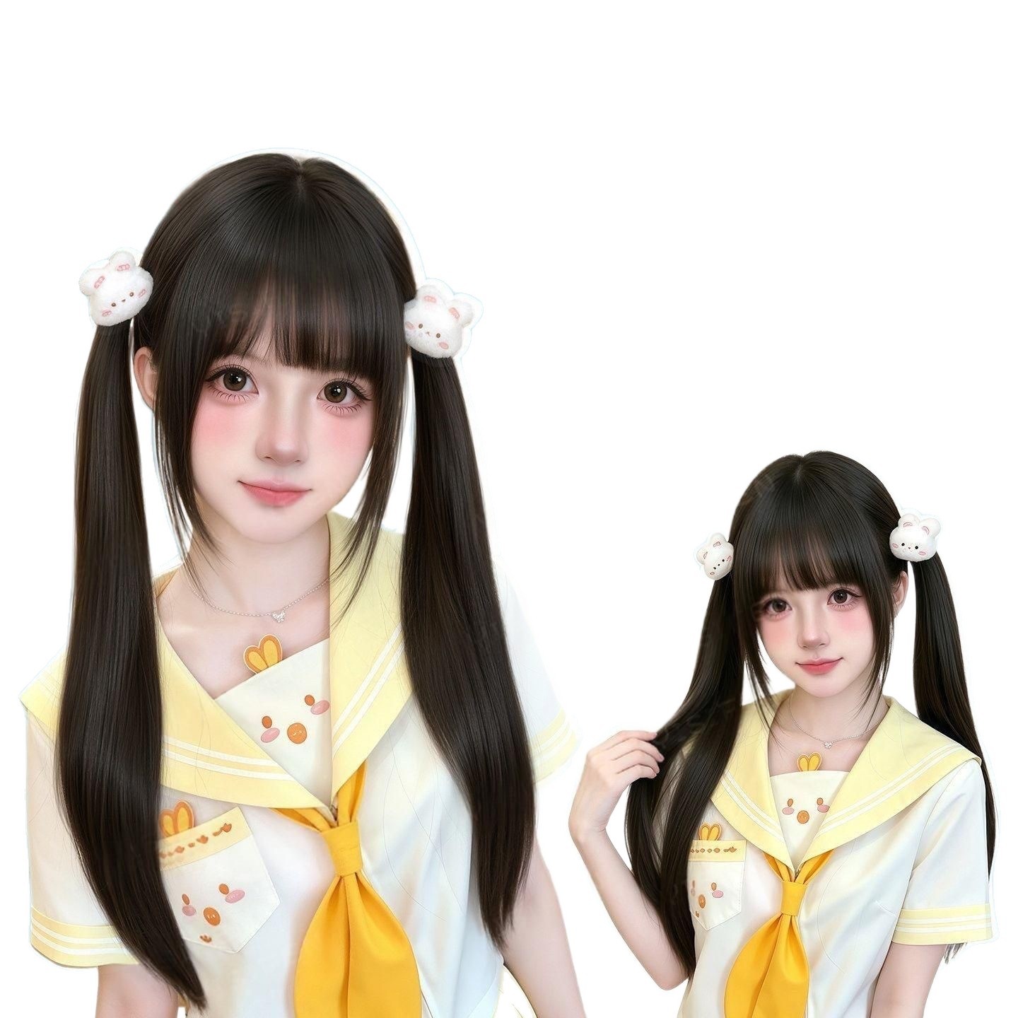 Koni dubbel hästsvans peruk för kvinnor med rakt långt hår och lugg, perfekt för Daily Lolita, JK och Sweet Cosplay