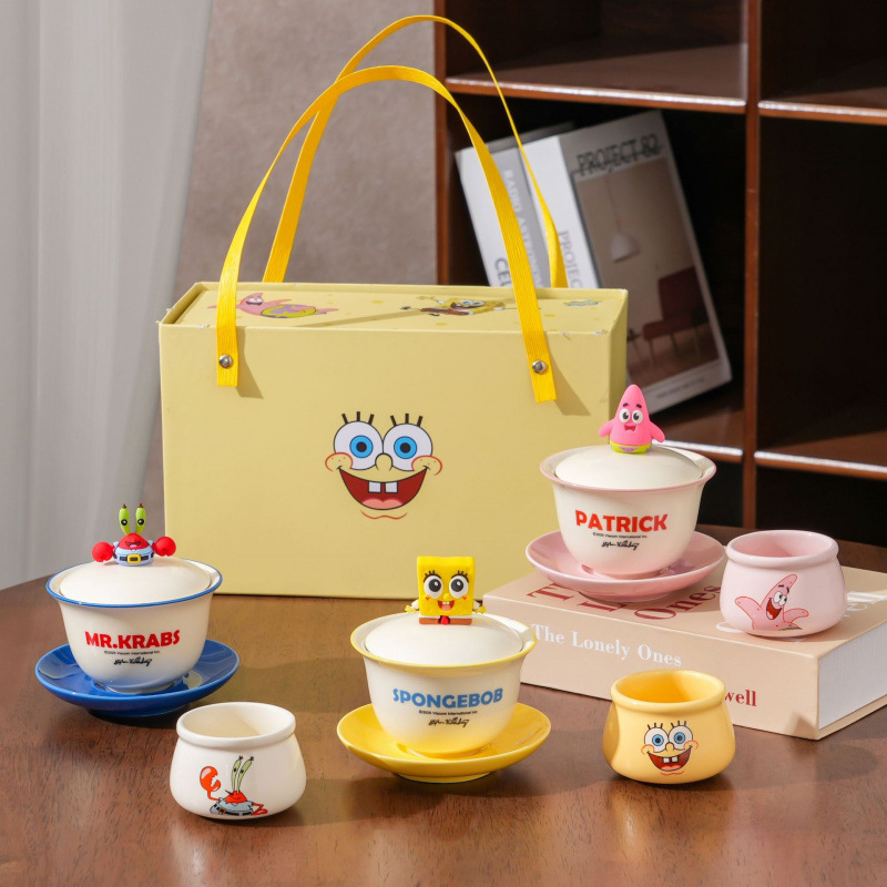 Conjunto de té de Bob Esponja, nuevo tazón de té de cerámica casero, caja de regalo de alto valor de cara, un tazón de taza de té, producto genuino.