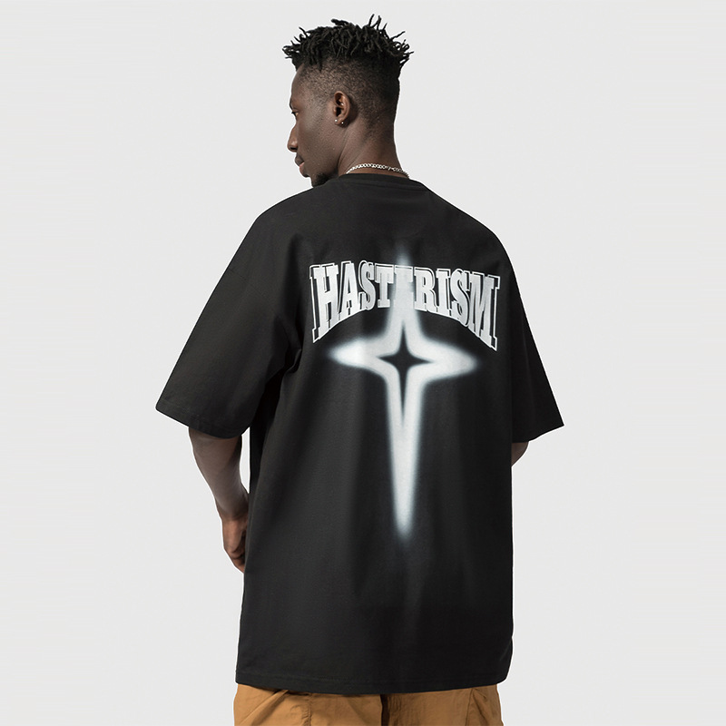 American High Street Fashion Brand T-shirt Men's Short Sleeve Star Print Loose Oversize Off Shoulder Cotton Round Neck_voghion.com