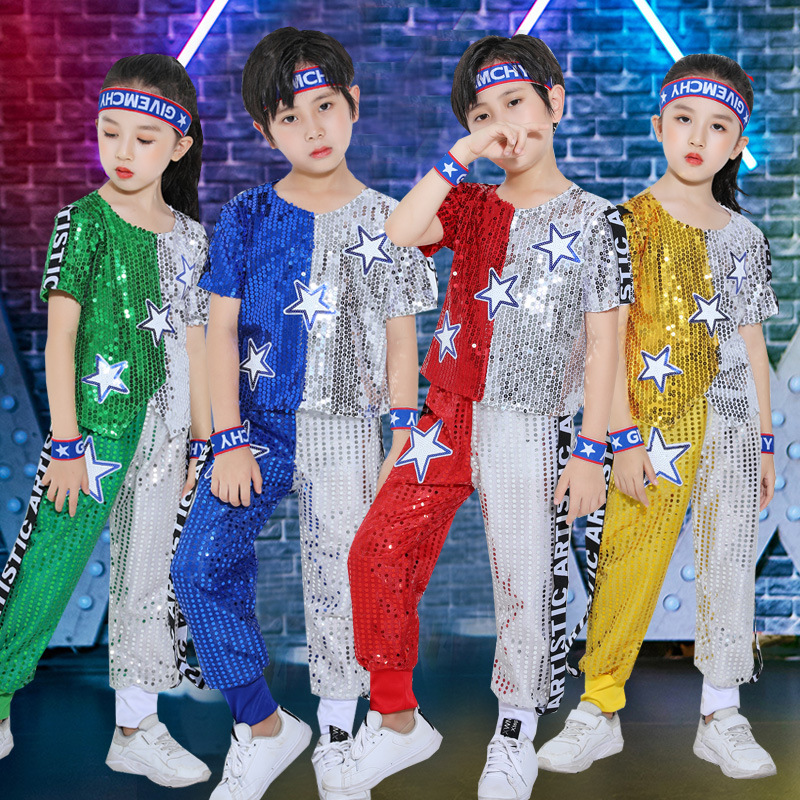Children's performance costumes, hip-hop street dance sets, modern jazz dance outfits, cheerleading costumes for boys and girls, color-blocked clothing, trendy brands.