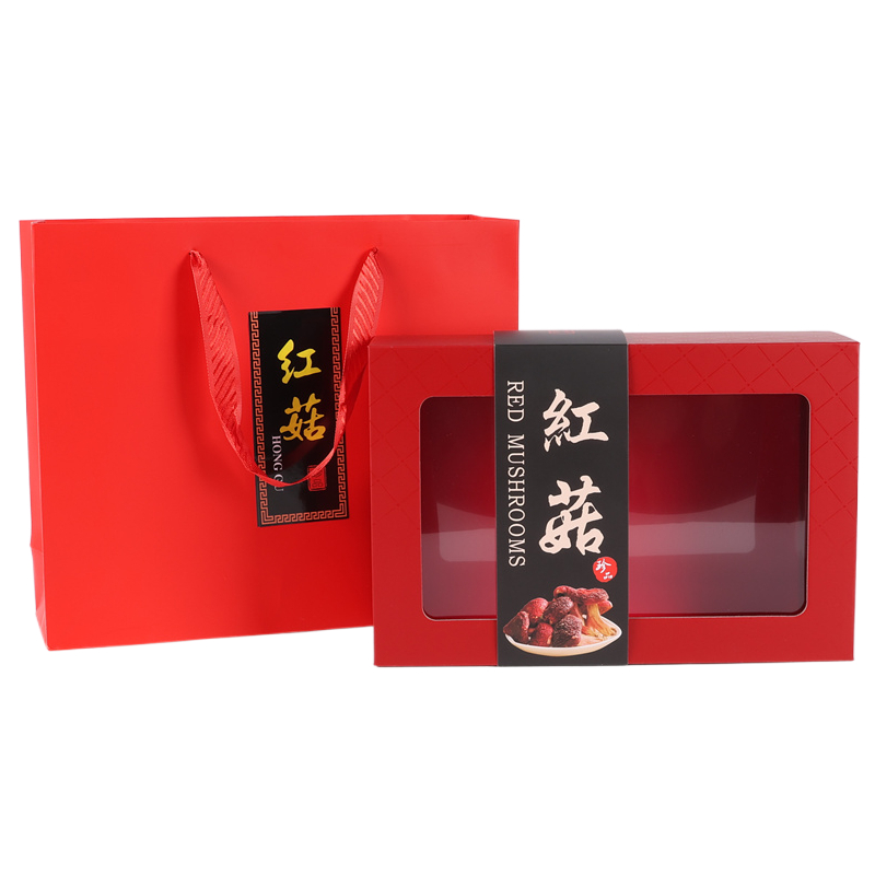 Nueva caja de embalaje de hongos rojos salvajes 250g 500g caja de regalo de hongos rojos bolsa de apoyo