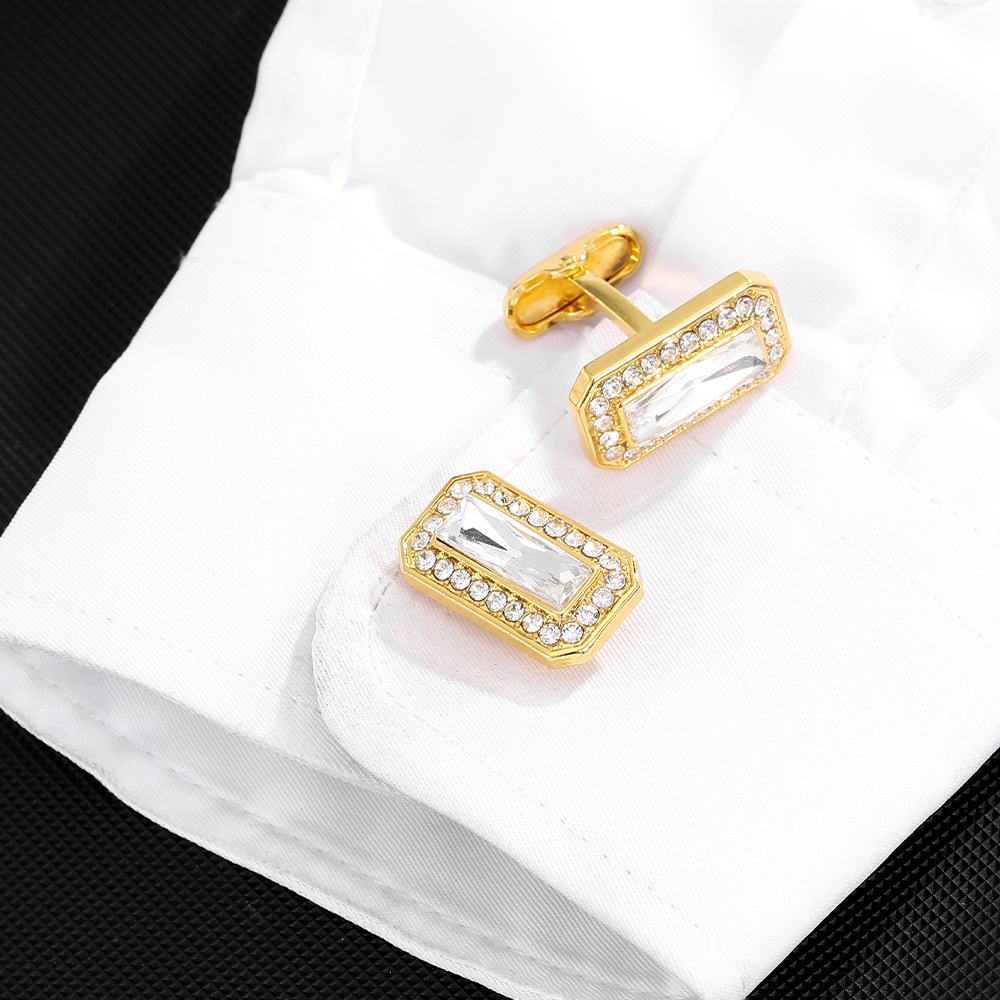 fashion gold rectangular zircon full diamond crystal cufflinks men's French shirt cuff nails new products in stock_voghion.com
