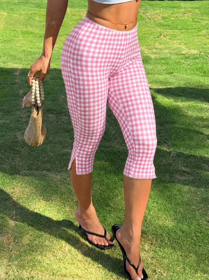 Women's Red Plaid Knit Stretch Leggings Casual Pants For Spring/Summer Style_ecoleips.com