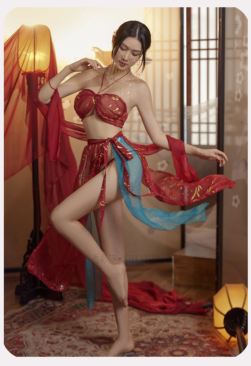 Chiffon Roleplay Nightdress Set with Top, Skirt and Thong, Sheer Mesh Style, One Size — detail image 14
