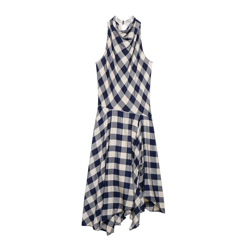 Taop&Za Women's Clothing 2026 Summer New Fashion Casual Plaid Asymmetrical Halter Neck Dress 26220 Taop&Za Women's Clothing 2026 Summer New Fashion Casual Plaid Asymmetrical Halter Neck Dress 26220