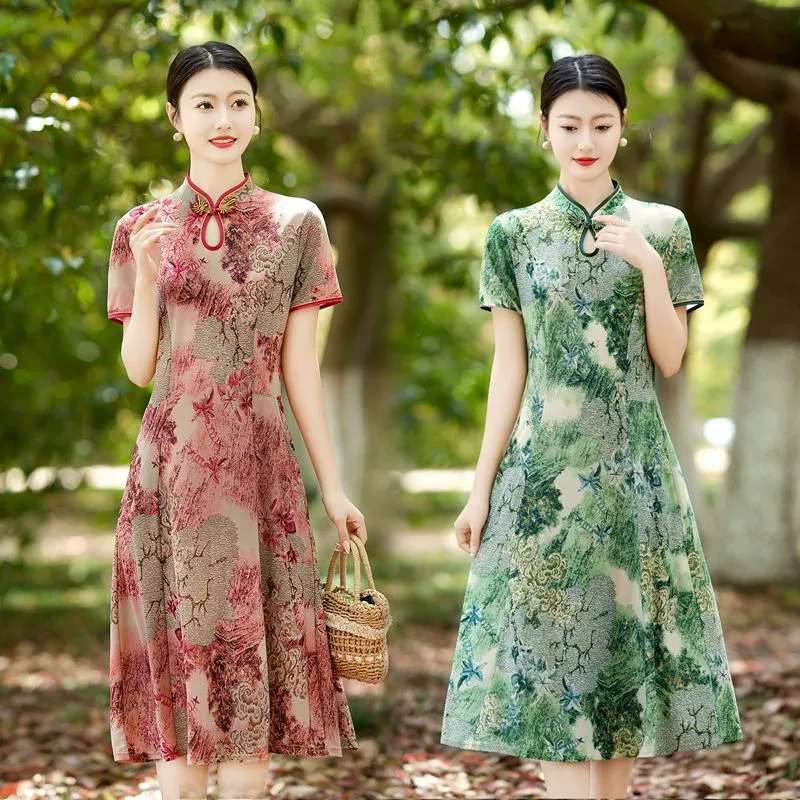 Платье Cheongsam с воротником-каплей в стиле ретро, ​​тонкое платье средней длины в китайском стиле, летняя одежда для мам среднего и пожилого возраста