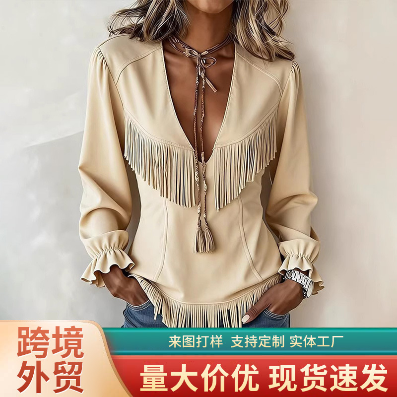 2026 Amazon European and American Cross-Border Women's Fashion New Style Casual V-Neck Woven Solid Color Suede Top with Tassel Decoration