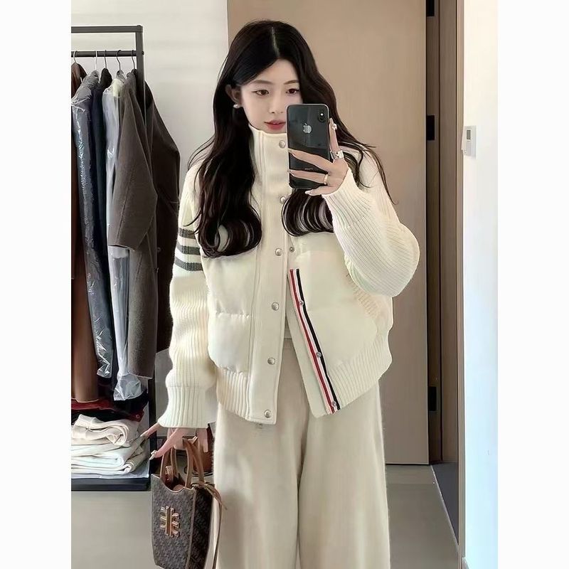 高级感立领棉服女2025冬季新款设计感拼接针织加厚短款外套米白色|undefined