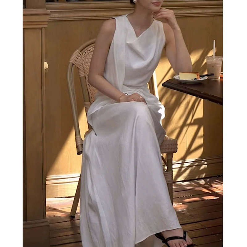 【Midsummer White Pear】Linen-Style Design Sleeveless White Dress with a Draped Collar, Waist-Cinching, Long Length, Summer 2026 Women's