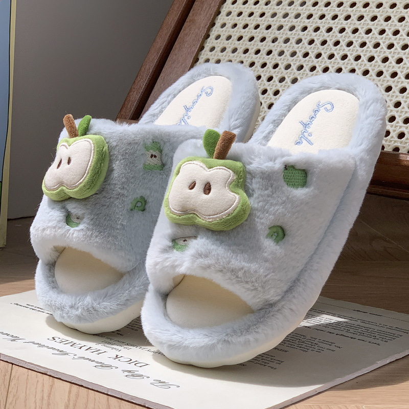 苹果棉拖鞋女秋冬季情侣家居室内毛绒厚保暖家用防滑毛毛拖鞋批发|undefined