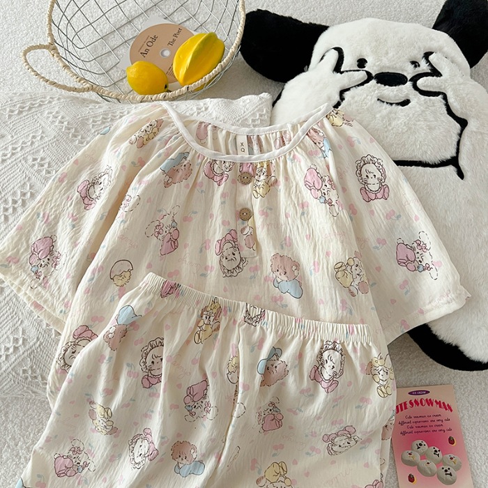 Primavera y verano nubes de algodón pijamas de mangas cortas de cuello redondo encantador dibujos animados de niña en ropa de casa dos piezas de pijamas