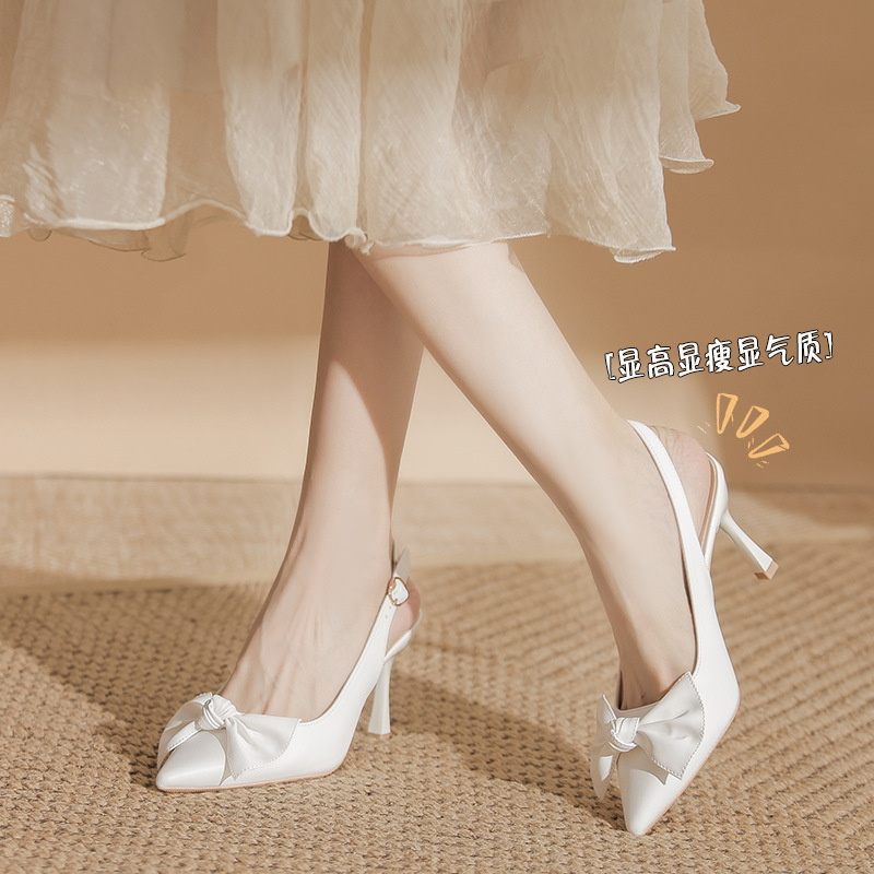 Byp-H Bow High Heels with Empty Back, New Style Super Fiber Soft Leather Shoes for Women, Stiletto Heels, Pointed Toe French Women's Shoes