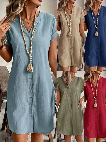 European and American Cross-Border Women's Fashion Solid Color V-Neck Short-Sleeve Single-Breasted Casual Dress Beach Vacation Dress
