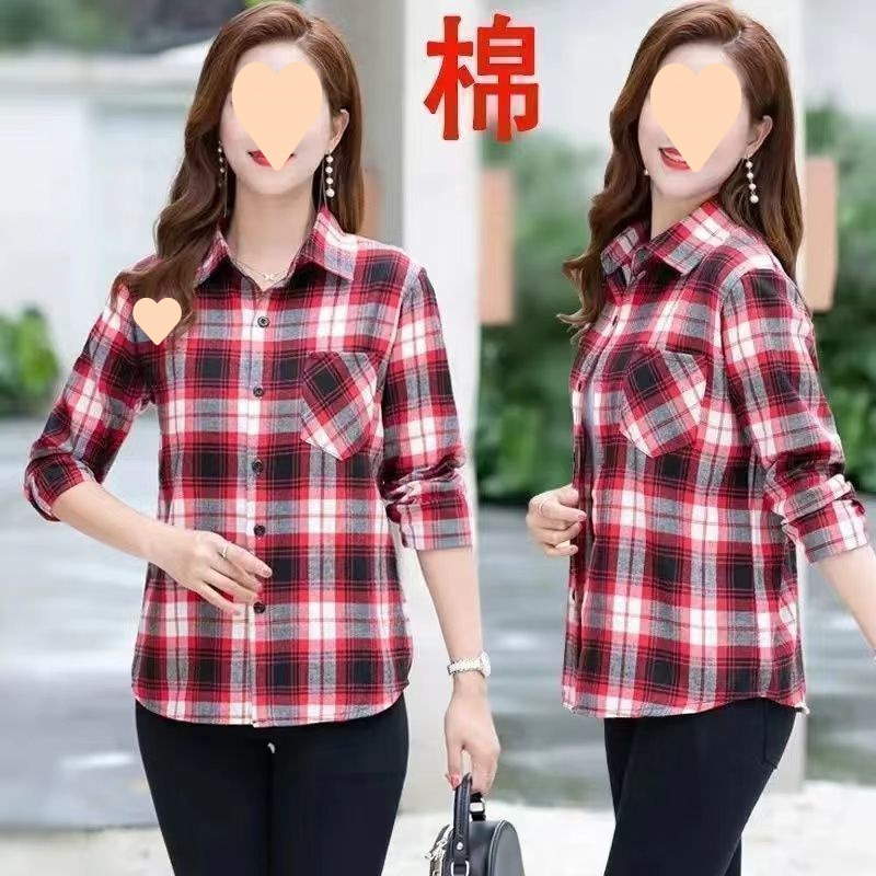 春の新綿レディースシャツ女性の長袖中年母親チェック柄シャツルーズ春と秋の女性のジャケット|undefined