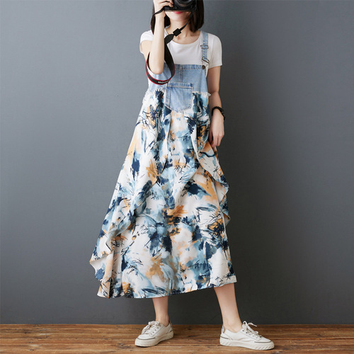 27-color Cross-border Japanese Lotte foreign trade loose denim patchwork floral print overalls dress