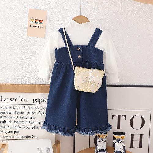 Sweet girls autumn half turtleneck mesh long-sleeved bottoming shirt tops children's clothing denim overalls with bag set
