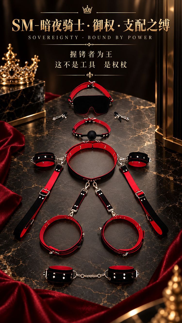 Adult Couples Bondage Restraint Kit in PU Leather with Metal Handcuffs, Black-Red — detail image 18