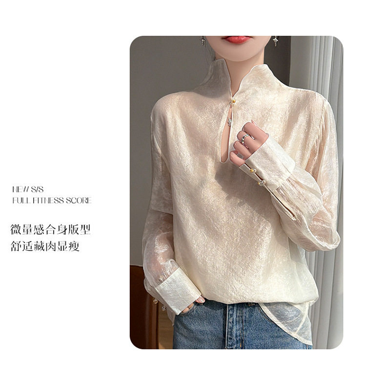 Áo sơ mi nữ cổ đứng tay dài vải Tencel mỏng nhẹ kiểu chui đầu — Màu hồng, Màu trắng, màu đen chi tiết 11