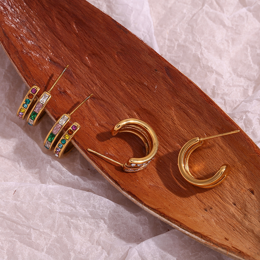 Double C-shaped Zircon Inlaid Stainless Steel Earrings