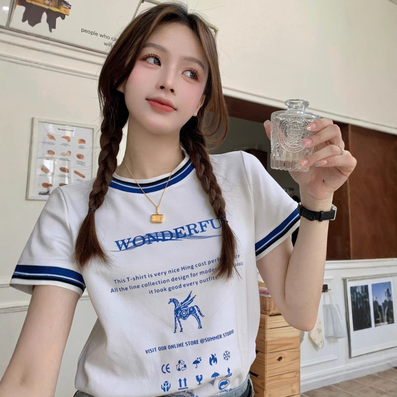 Korean Style Top with Jeans Unique Design Sense Niche Contrast Color Short-sleeved Shoulder T-shirt Women's Summer