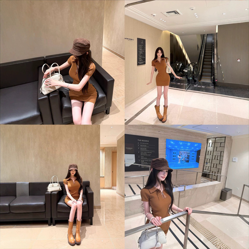 Che Qiao'er Yuan Ying aesthetic knitted dress, slim fit, slimming, with a stylish collar, chic and sophisticated, and a figure-hugging design