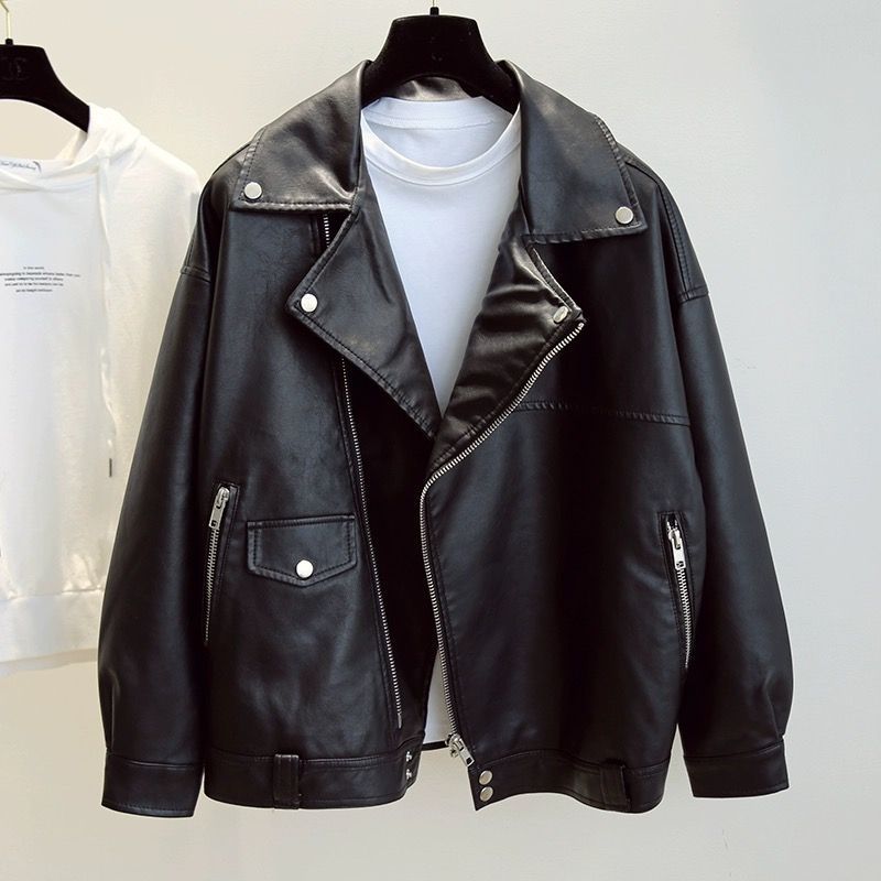 Korean Style Leather Jacket for Petite Women, Black Autumn and Winter Leather Jacket, Fleece-Lined, Thickened, Short Biker Jacket, Trendy