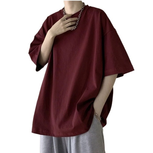 Heavyweight Pure Cotton Wine Red Short-Sleeve T-Shirt for Men, Trendy Brand, American Retro Style, Small Collar, Couple Half-Sleeve Oversize Summer T-Shirt