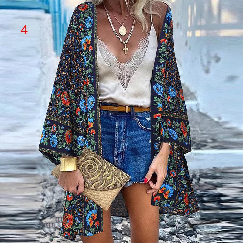 Women's 2024 European and American Cross-border Trend New Casual Fashion Holiday Bat Long Sleeve Cardigan Printed Top