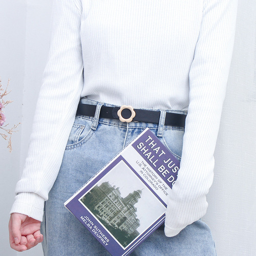 Belt for women summer new flower buckle simple fashion retro with jeans black trendy student decorative belt
