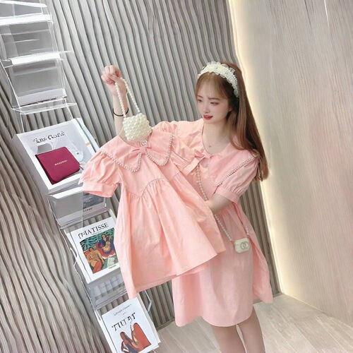 New 2024 Summer Children's Korean Style Cute and Stylish Pearl Solid Color Dress Parent-Child Set Whitening and Elegant Women's Dress