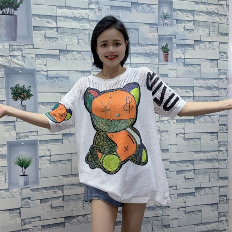 胖mm夏装桑蚕丝财迷熊短袖t恤女宽松遮肚冰丝针织衫薄款圆领上衣