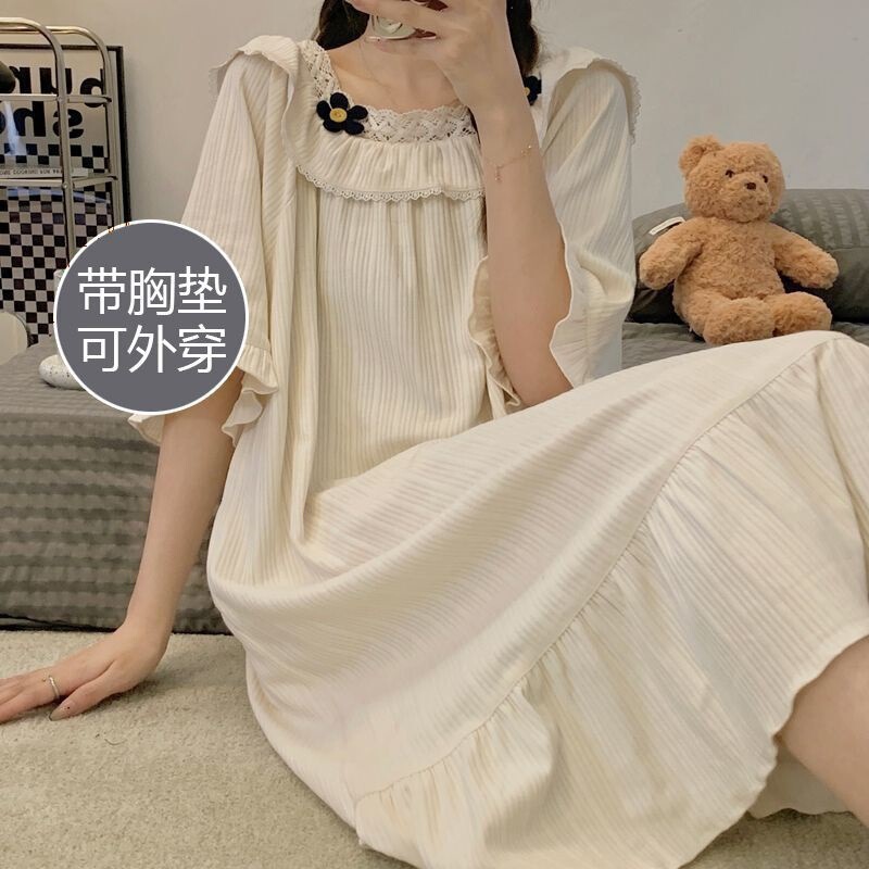 胸パッド付きネグリジェ、半袖ゆったり学生パジャマ、女性夏年齢軽減プリンセス風春秋寮ミドル丈、屋外で着用可能|undefined
