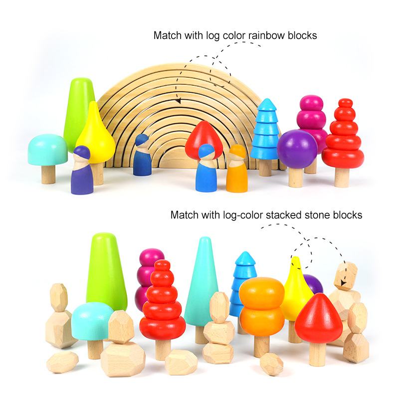 Nuevos bloques de construcción de arco iris de madera, árboles de bosque, hongos pequeños, ensamblados para niños, juguetes cognitivos educativos de la primera infancia