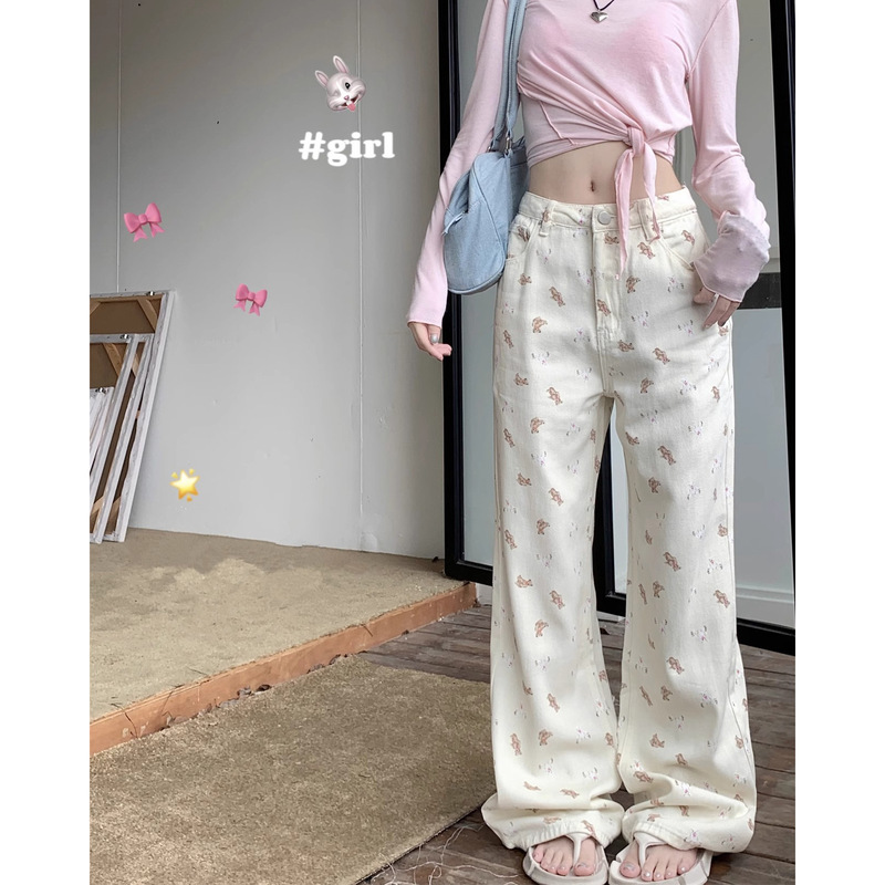 Spring and Autumn Women's New European and American Style High Waist Loose Wide Leg Long Pants Bear Printed Straight Jeans