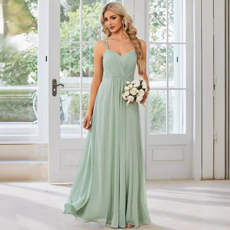 2026 European and American Amazon Cross-Border Evening Dress V-Neck Backless Long Dress Chiffon Pleated Thin Bridesmaid Party Dress