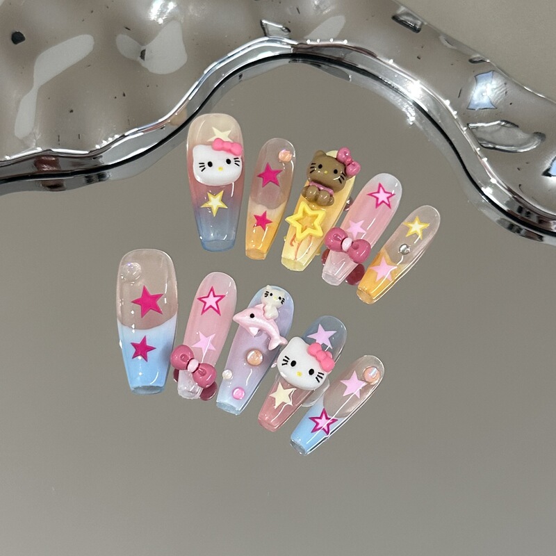 Pure hand-worn nail piece high-grade pink kitt cat nail art color five-pointed star French white long nails