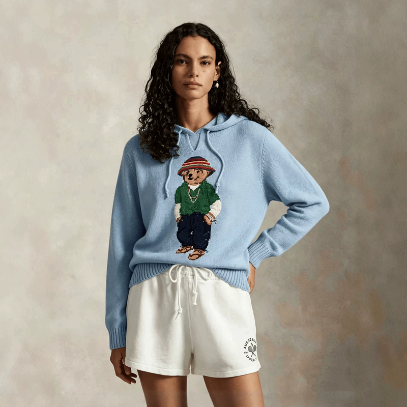European and American 2026 Cross-Border Hot-Selling Women's Clothing Wholesale American Retro Rl Embroidered Fisherman's Hat Bear Hooded Drawstring Sweater European and American 2026 Cross-Border Hot-Selling Women's Clothing Wholesale American Retro Rl Embroidered Fisherman's Hat Bear Hooded Drawstring Sweater