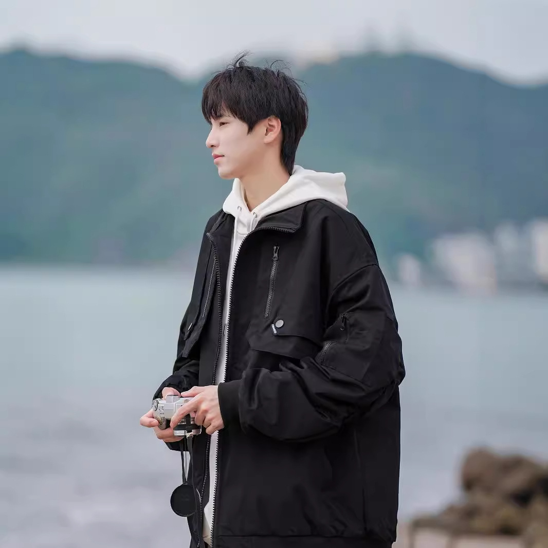 Stand up collar flight jacket for men, spring and autumn loose casual letter embroidery design, motorcycle suit_voghion.com