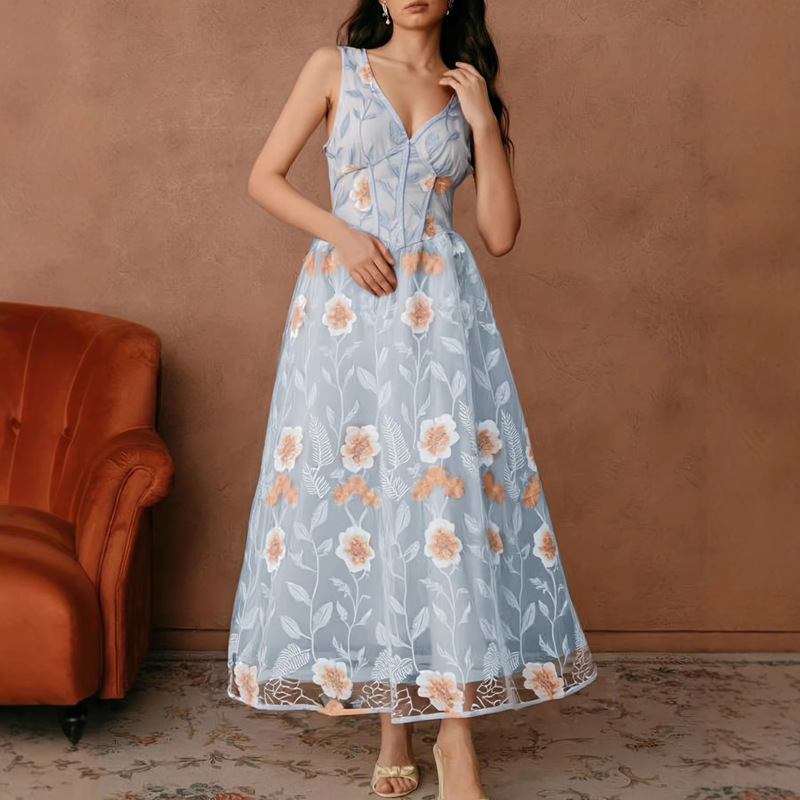 European and American Style Light Blue Mesh Embroidered Floral Dress V-Neck Waist-Cinching Slimming Bridesmaid Dress Holiday Long Dress Wholesale European and American Style Light Blue Mesh Embroidered Floral Dress V-Neck Waist-Cinching Slimming Bridesmaid Dress Holiday Long Dress Wholesale