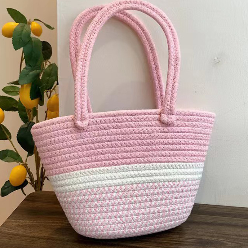 Bolsa tejida de algodón de mano Rosa giro nueva bolsa de almacenamiento de bolsa de playa de vacaciones bolsa de mano fresca pequeña