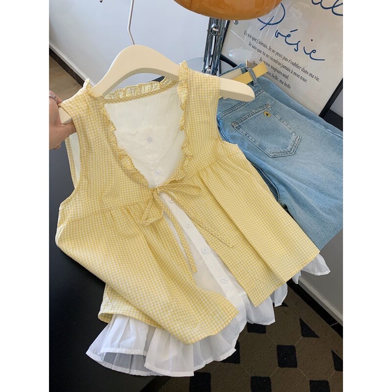 Korean-Style Sweet and Gentle Design, Sleeveless Shirt, Elegant Blouse, Ladylike, Age-Reducing Patchwork Top, Yellow Korean-Style Sweet and Gentle Design, Sleeveless Shirt, Elegant Blouse, Ladylike, Age-Reducing Patchwork Top, Yellow