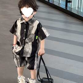 薄款男童洋气短袖套装帅气2026新款中大童儿童夏季衬衫衬衣两件套