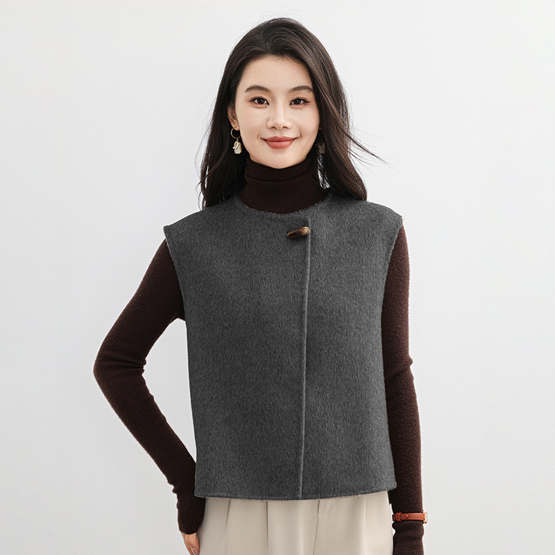 通勤灰色斜门襟圆领羊毛马甲女2025春秋季新款时尚洋气呢子坎肩女|undefined