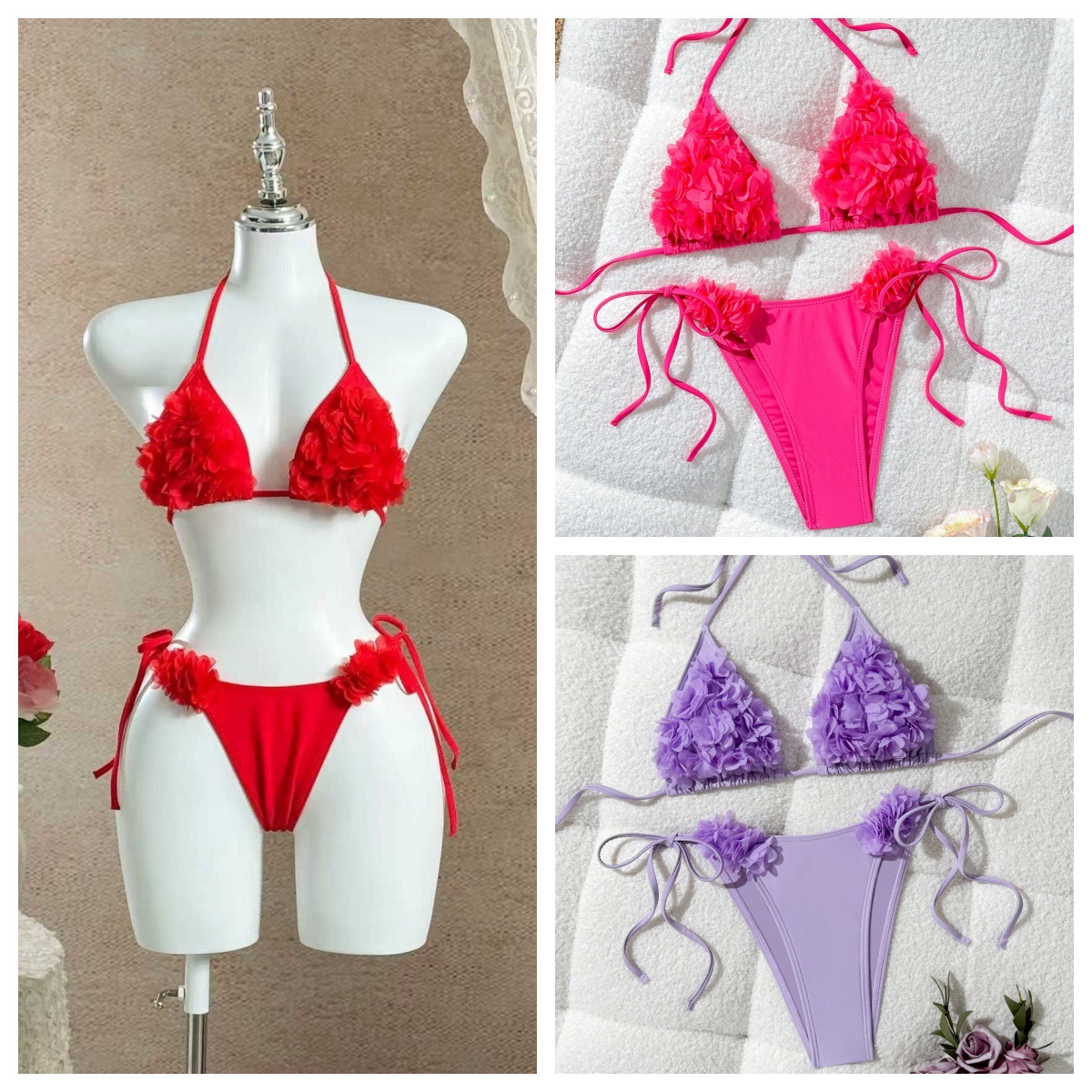 2026 New Style Three-Dimensional Floral Swimsuit for Women, High-Waisted Sexy Triangle Halter Bikini Two-Piece