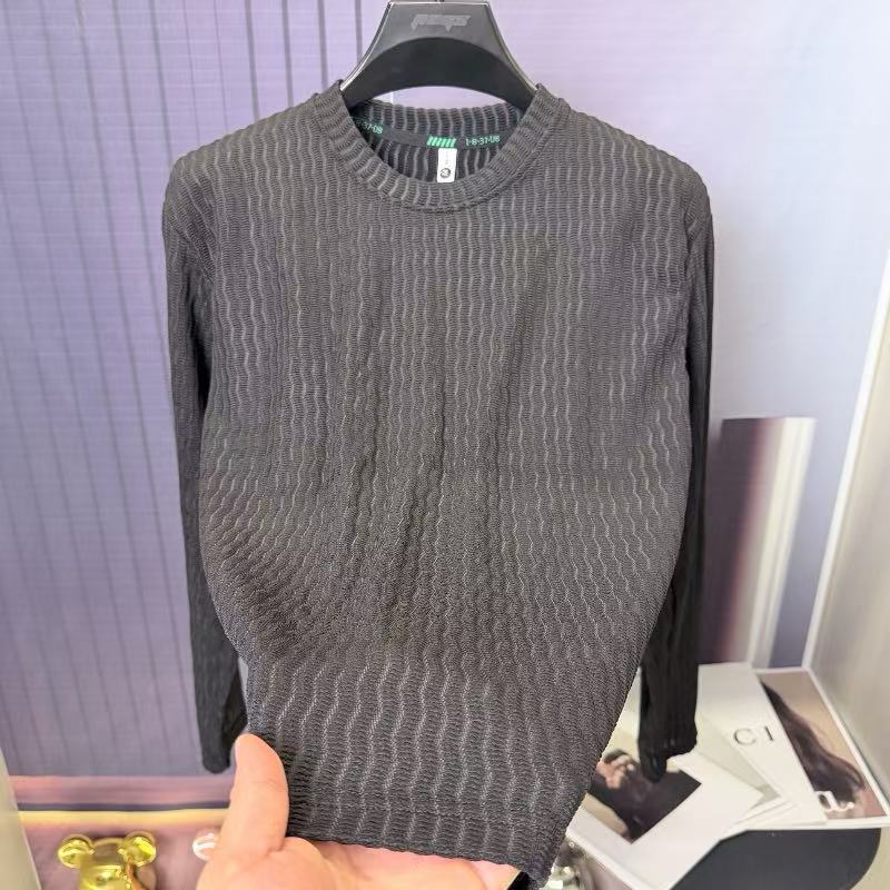 American-style textured striped long-sleeved T-shirt for men, autumn, crew neck, sweatshirt, undershirt, inner layer.